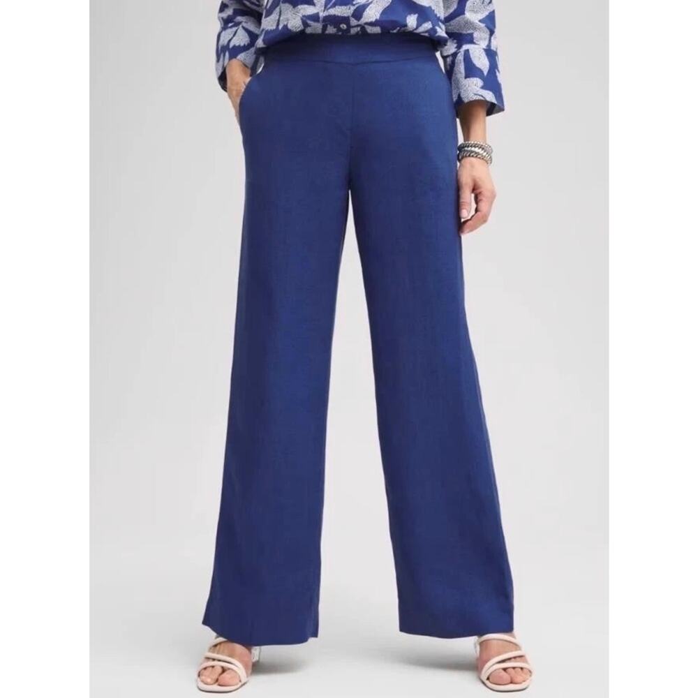 Chico's Linen Flare Trouser Pants Naval Indigo Blue US 18 Tall Lagenlook Beach